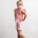  Girls Pink Checkered Lace Ruffle Summer Short Set