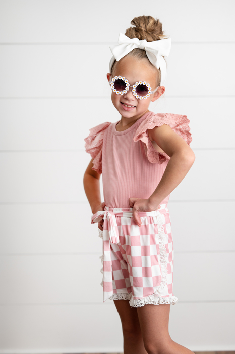 Girls Pink Checkered Lace Ruffle Summer Short Set