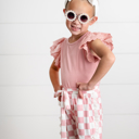  Girls Pink Checkered Lace Ruffle Summer Short Set