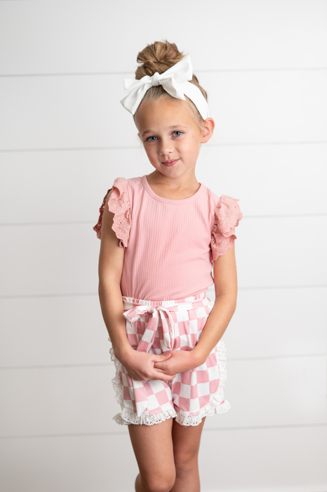 Girls Pink Checkered Lace Ruffle Summer Short Set