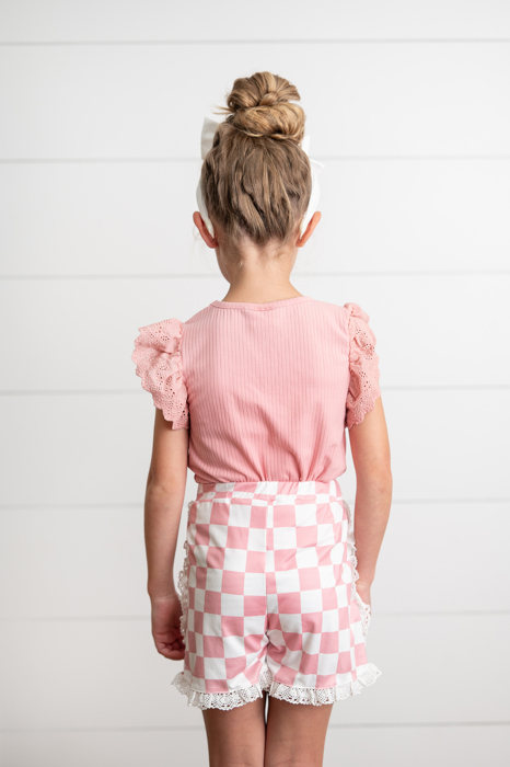 Girls Pink Checkered Lace Ruffle Summer Short Set