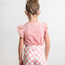  Girls Pink Checkered Lace Ruffle Summer Short Set