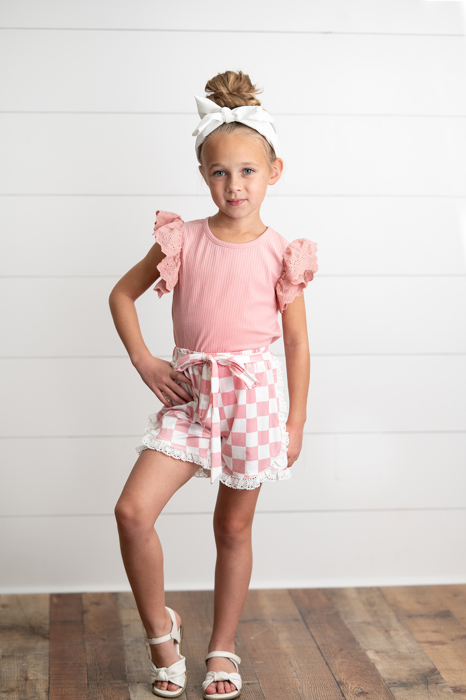 Girls Pink Checkered Lace Ruffle Summer Short Set