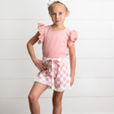  Girls Pink Checkered Lace Ruffle Summer Short Set
