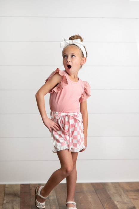 Girls Pink Checkered Lace Ruffle Summer Short Set