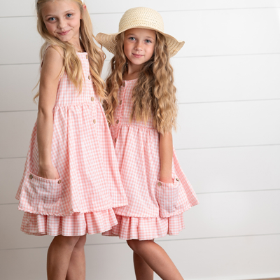 Girls Pink & White Gingham Check Pocket Ruffle Summer Dress