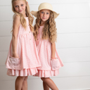  Girls Pink & White Gingham Check Pocket Ruffle Summer Dress