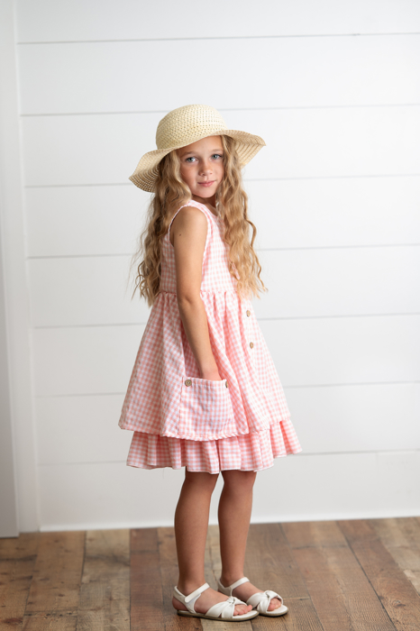 Girls Pink & White Gingham Check Pocket Ruffle Summer Dress