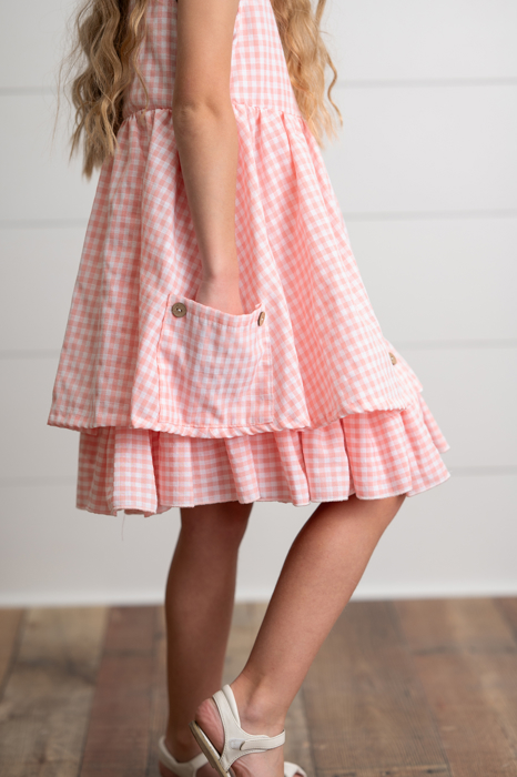 Girls Pink & White Gingham Check Pocket Ruffle Summer Dress