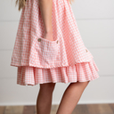  Girls Pink & White Gingham Check Pocket Ruffle Summer Dress