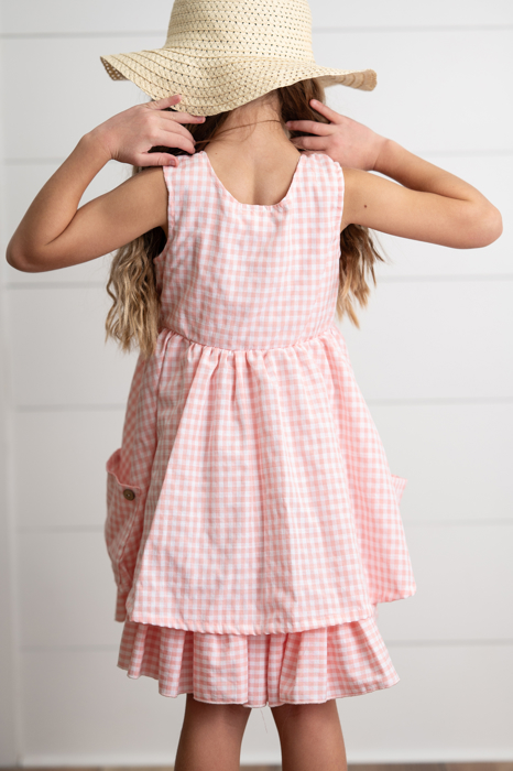 Girls Pink & White Gingham Check Pocket Ruffle Summer Dress