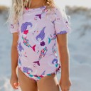  Kids Purple Mermaid Rash Guard Ruffle Swimsuit