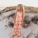  Kids Tangerine & Pink Retro Floral Jumpsuit With Pockets