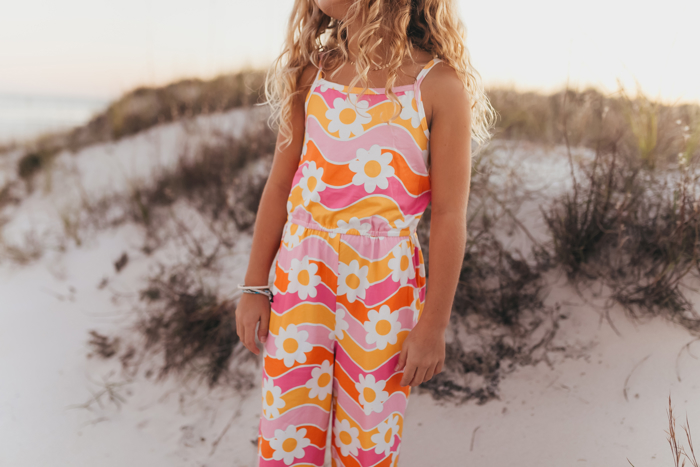 Kids Tangerine & Pink Retro Floral Jumpsuit With Pockets