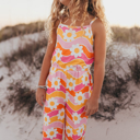  Kids Tangerine & Pink Retro Floral Jumpsuit With Pockets