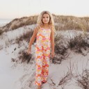  Kids Tangerine & Pink Retro Floral Jumpsuit With Pockets