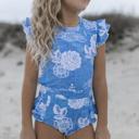 4 Girls Blue Floral Open Back One Piece Ruffle Swimsuit