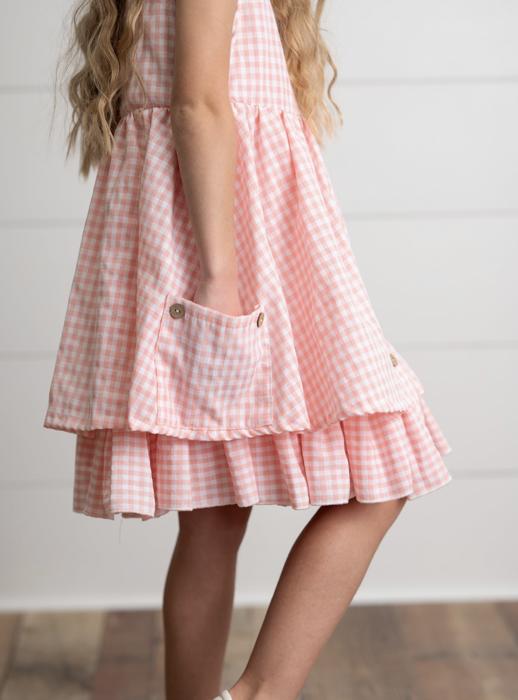 Girls Pink & White Gingham Check Pocket Ruffle Summer Dress