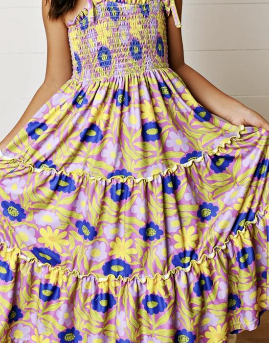 Girls Leilani Lavender Floral Tiered Summer Maxi Dress