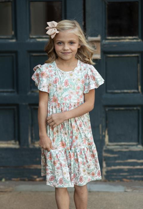 Kids Vintage Beige Floral Flutter Sleeve Dress
