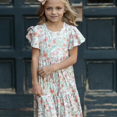 Kids Vintage Beige Floral Flutter Sleeve Dress