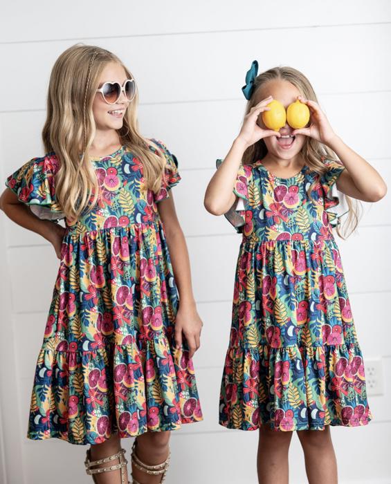 Kids Emmy Bold Tropical Flutter Sleeve Twirl Dress