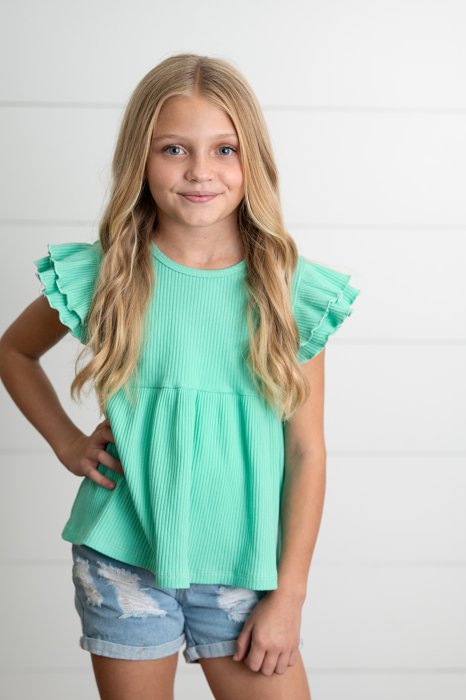 Girls Turquoise Double Ruffle Flutter Sleeve Summer Shirt