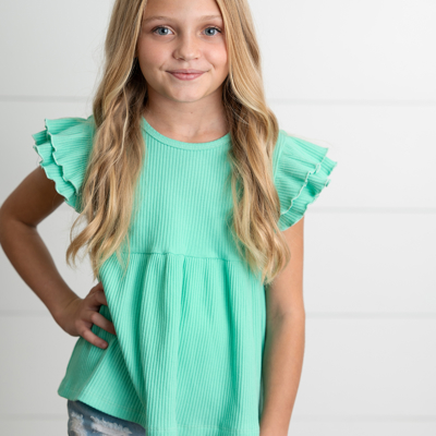 Girls Turquoise Double Ruffle Flutter Sleeve Summer Shirt