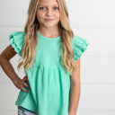  Girls Turquoise Double Ruffle Flutter Sleeve Summer Shirt