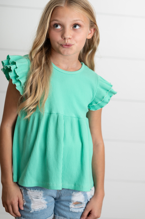 Girls Turquoise Double Ruffle Flutter Sleeve Summer Shirt