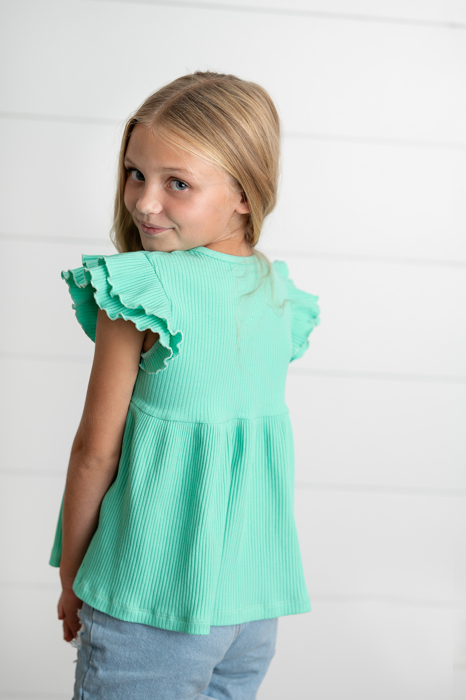 Girls Turquoise Double Ruffle Flutter Sleeve Summer Shirt