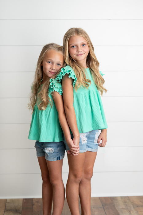 Girls Turquoise Double Ruffle Flutter Sleeve Summer Shirt