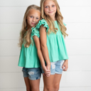  Girls Turquoise Double Ruffle Flutter Sleeve Summer Shirt