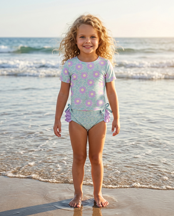 Girls Sophie Mint & Lavender Rash Guard Ruffle Swimsuit