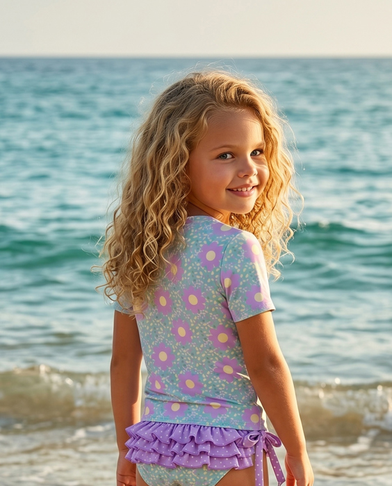 Girls Sophie Mint & Lavender Rash Guard Ruffle Swimsuit