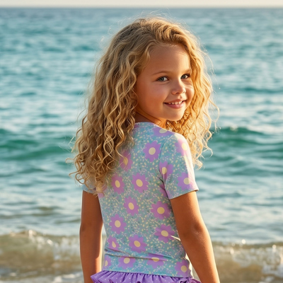 Girls Sophie Mint & Lavender Rash Guard Ruffle Swimsuit