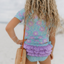  Girls Sophie Mint & Lavender Rash Guard Ruffle Swimsuit