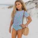  Girls Sophie Mint & Lavender Rash Guard Ruffle Swimsuit