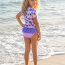  Girls Sophie Modern Pink Purple Rash Guard Ruffle Swimsuit