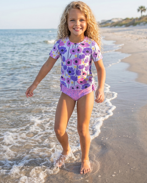 Girls Sophie Modern Pink Purple Rash Guard Ruffle Swimsuit