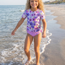  Girls Sophie Modern Pink Purple Rash Guard Ruffle Swimsuit
