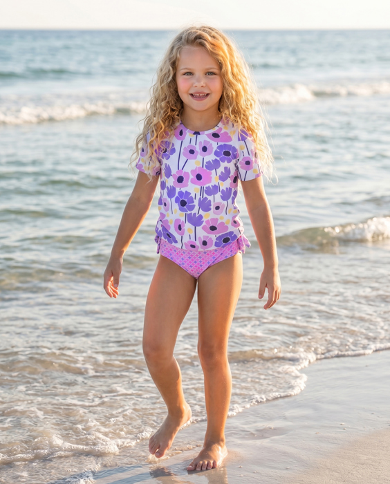 Girls Sophie Modern Pink Purple Rash Guard Ruffle Swimsuit
