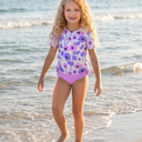  Girls Sophie Modern Pink Purple Rash Guard Ruffle Swimsuit