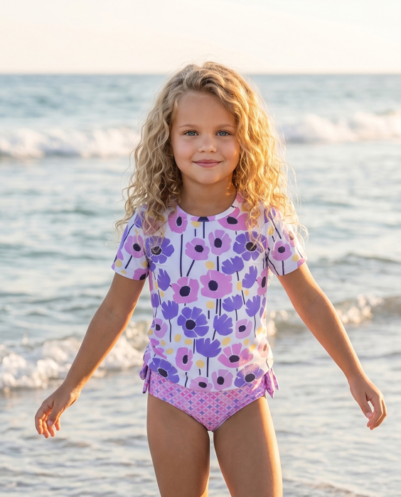 Girls Sophie Modern Pink Purple Rash Guard Ruffle Swimsuit