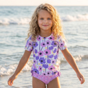  Girls Sophie Modern Pink Purple Rash Guard Ruffle Swimsuit