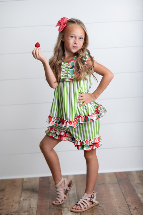 Girls Lime Strawberry Stripe Ruffle Button Summer Short Set