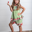  Girls Lime Strawberry Stripe Ruffle Button Summer Short Set