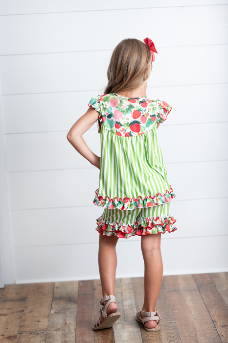 Girls Lime Strawberry Stripe Ruffle Button Summer Short Set