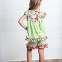  Girls Lime Strawberry Stripe Ruffle Button Summer Short Set