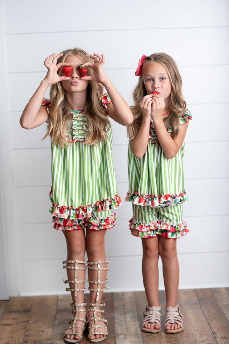 Girls Lime Strawberry Stripe Ruffle Button Summer Short Set
